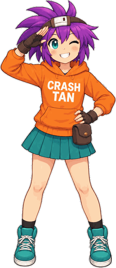 Crash-tan, saluting with a wink: purple hair, an orange hoodie with her name on it, and teal trainers.